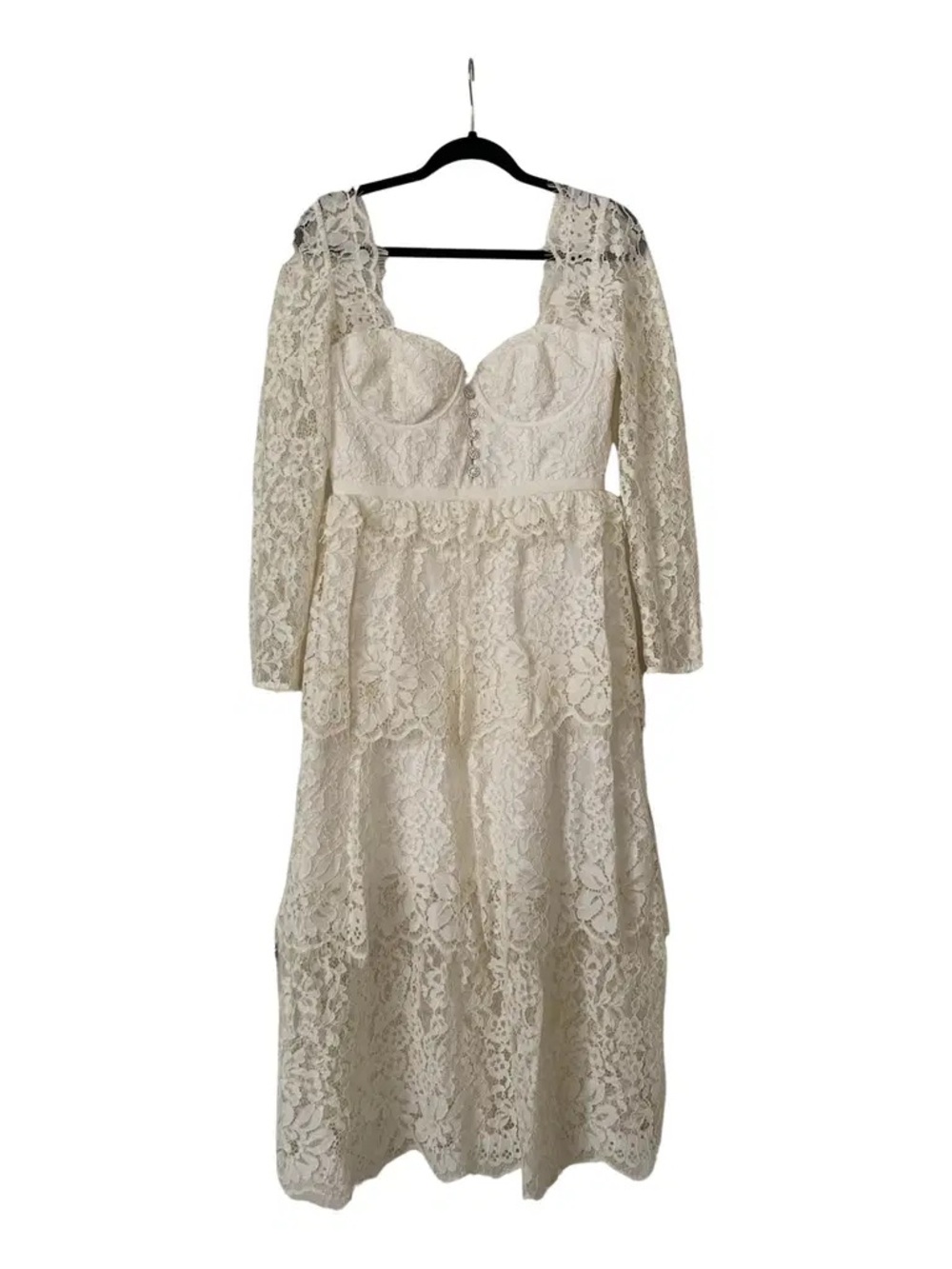 Ivory Lace Tiered Long-Sleeve Wedding Dress